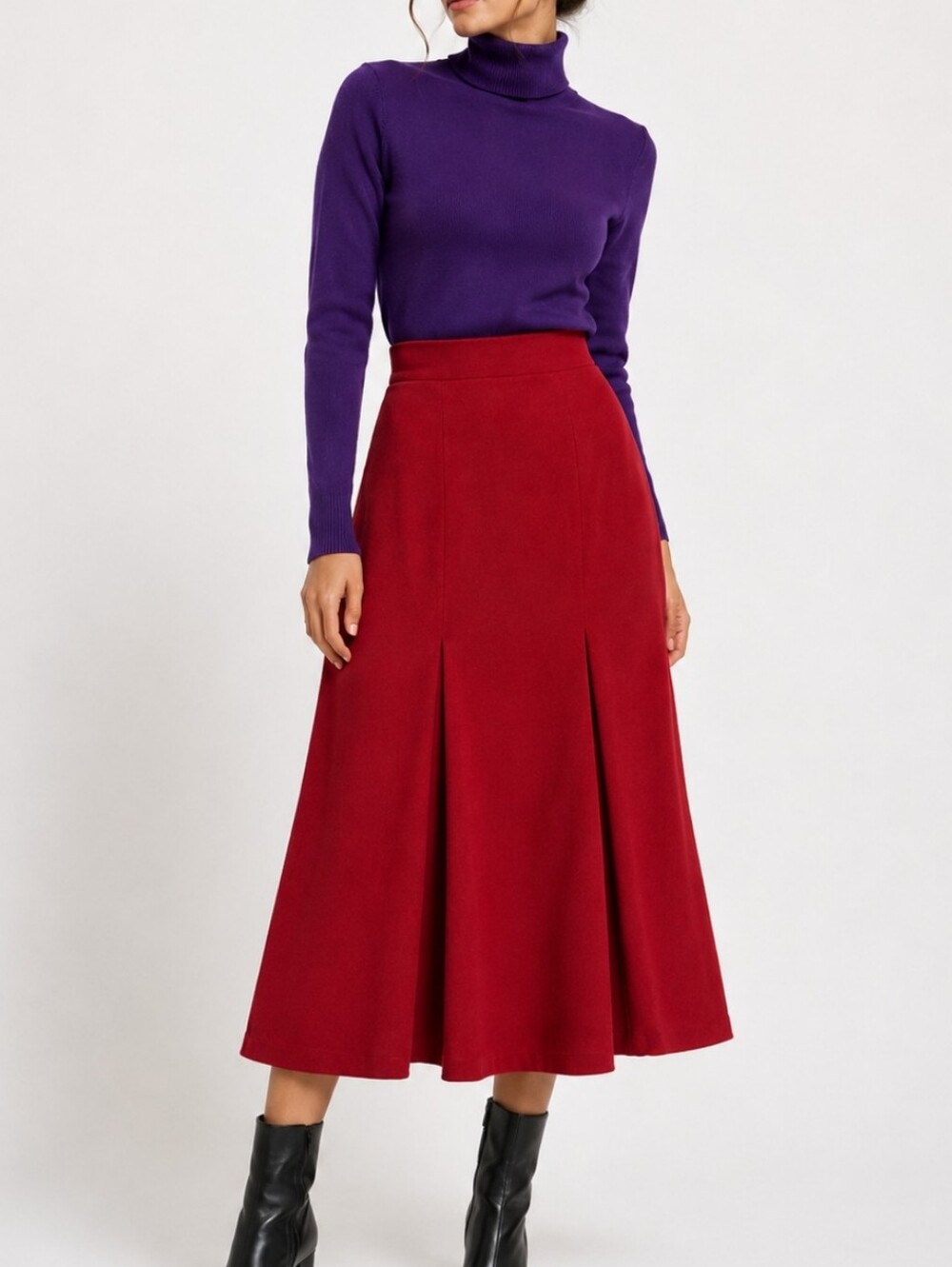 Vintage Simon Chang Red 100% Wool Godet Pleated Midi Skirt Size 6 Quiet Luxury